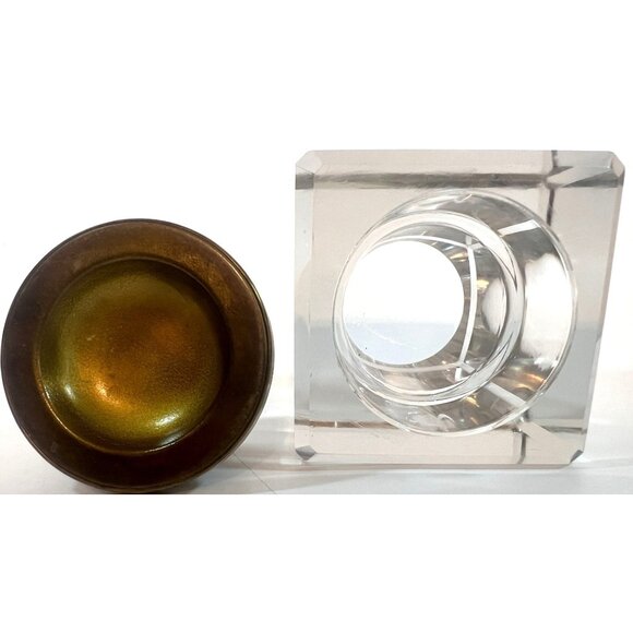 Antique Inkwell Glass beveled glass corners & concave Brass top Square Base 3" - Picture 4 of 10